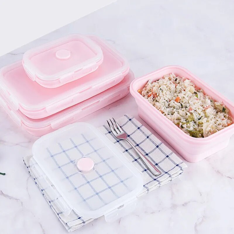 4Sizes Silicone Collapsible Lunch Box Food Storage Container Colorful Microwavable Portable Picnic Camping Rectangle Outdoor Box