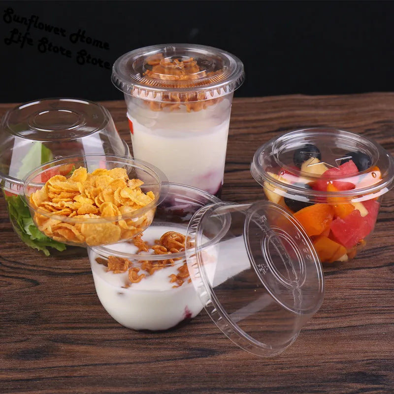 25pcs 250ml Cups Dessert With Plastic Bowls Cup Ice Bowl Containers Cream Disposable Lids Fruit Clear Food Pudding Lid Salad