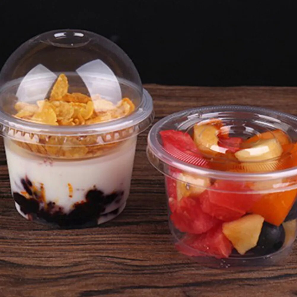 20pcs 250ml Disposable Salad Cup Transparent Plastic Dessert Bowl Container with Lid for Bar Cafe Home (Dome Hole)