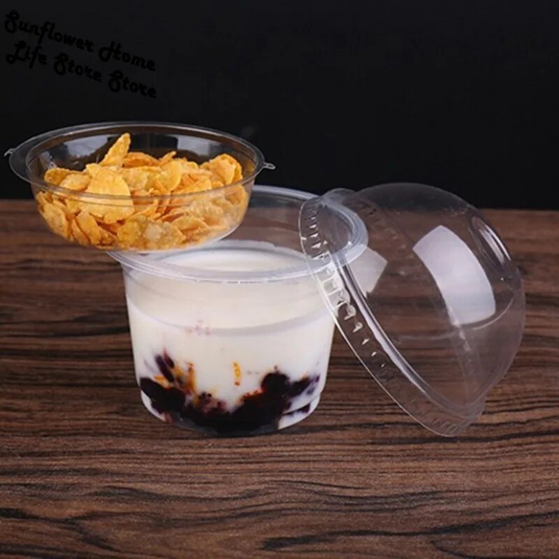 25pcs 250ml Cups Dessert With Plastic Bowls Cup Ice Bowl Containers Cream Disposable Lids Fruit Clear Food Pudding Lid Salad