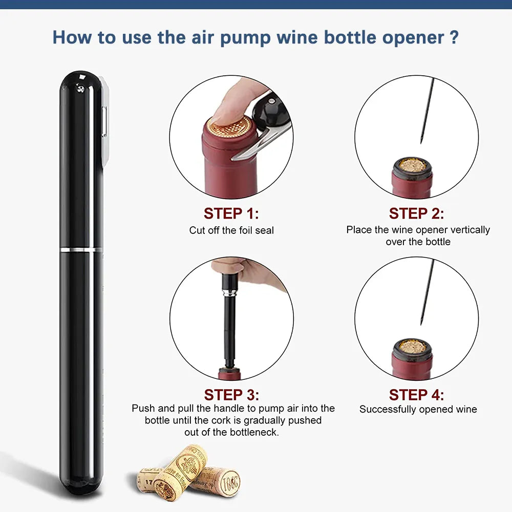 Safety Air Pump Wine Bottle Opener with Foil Cutter Wine Corkscrew Stainless Steel Pin Wine Air Pressure Corkscrew Cork Remover